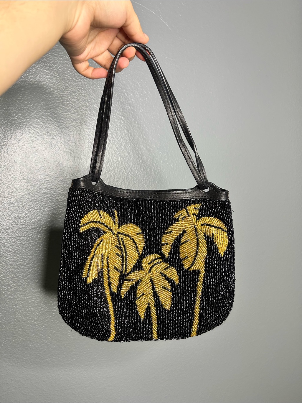 Tommy Bahama Black Beaded Shoulder Bag With Gold Palm Tree Design